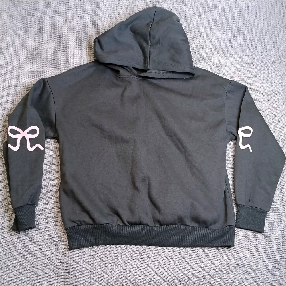 Hoodie Womens Large Dark Gray Excellent Pink Bow Sleeve Graphic Hooded